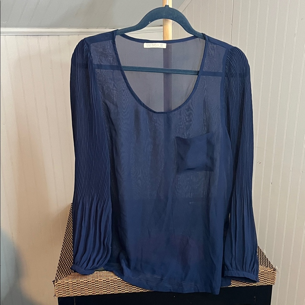 Nine Bird Navy Blue Sheer Blouse, Size L